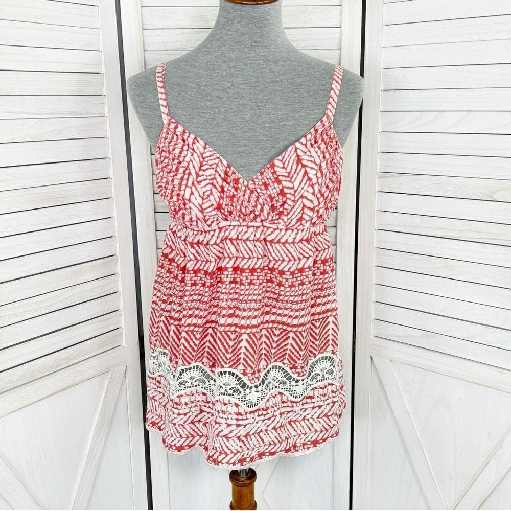 Banana Republic Printed Lace Trim‎ Babydoll Tank Top Red XS